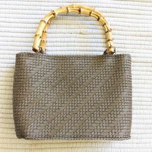 Small Woven Zipped Handbag W/ Bamboo Handles